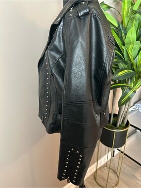 Black Stud-Trim Faux Leather Moto Jacket - Women